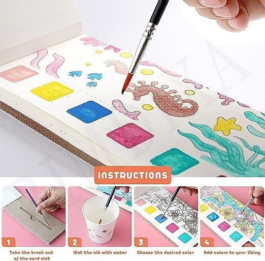 Water Color Painting Book with Brush- Endless Painting, Learning and Fun G