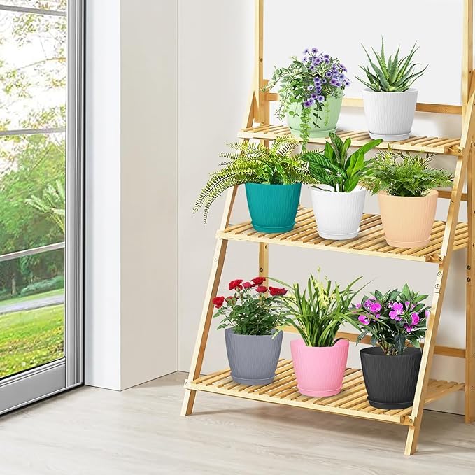 (Pack of 5) 6-Inch Unbreakable Plastic Flower Pots with Drainage & Saucers – Indoor & Outdoor Planters;f