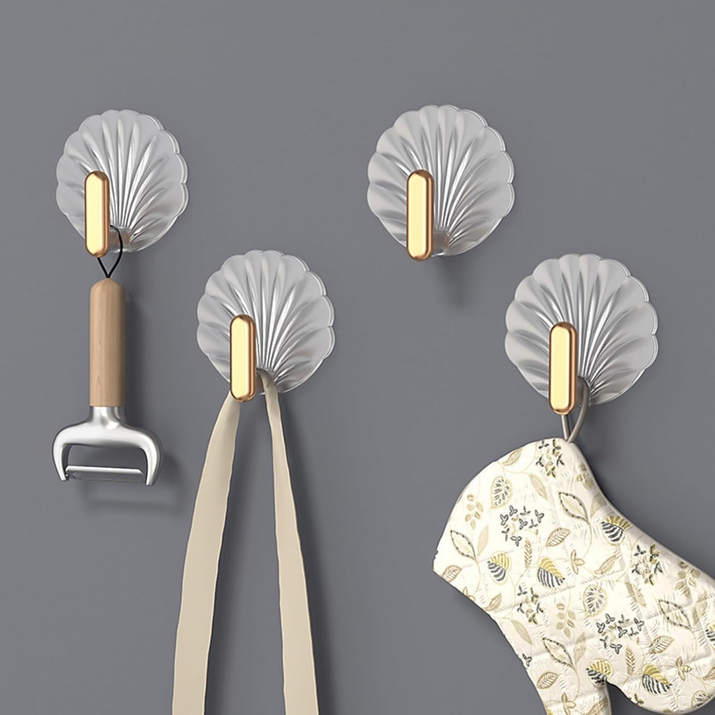 Big Decorative Adhesive Hooks–Gold & Silver Seashell Wall Hangers, No Drilling Needed; g