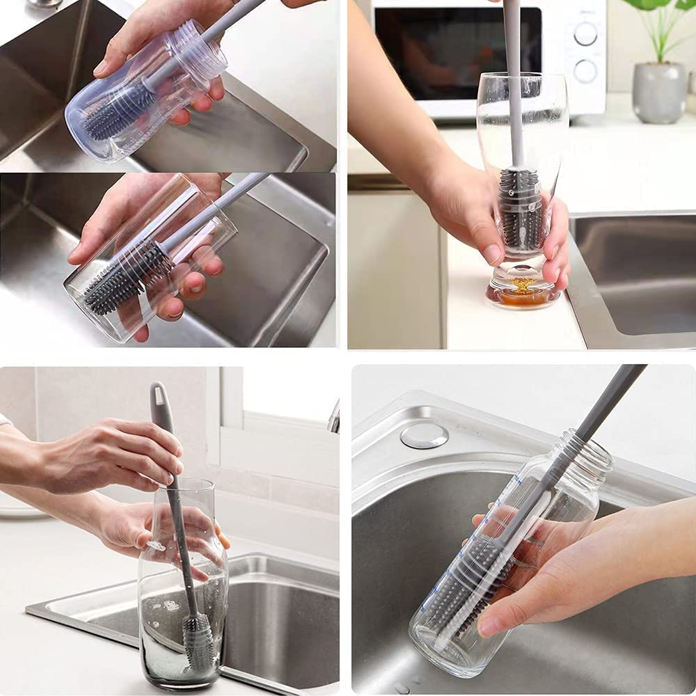 Bottle Cleaning Brush Combo- 2 long silicone brush + 2 bottle lid cleaning brush .g