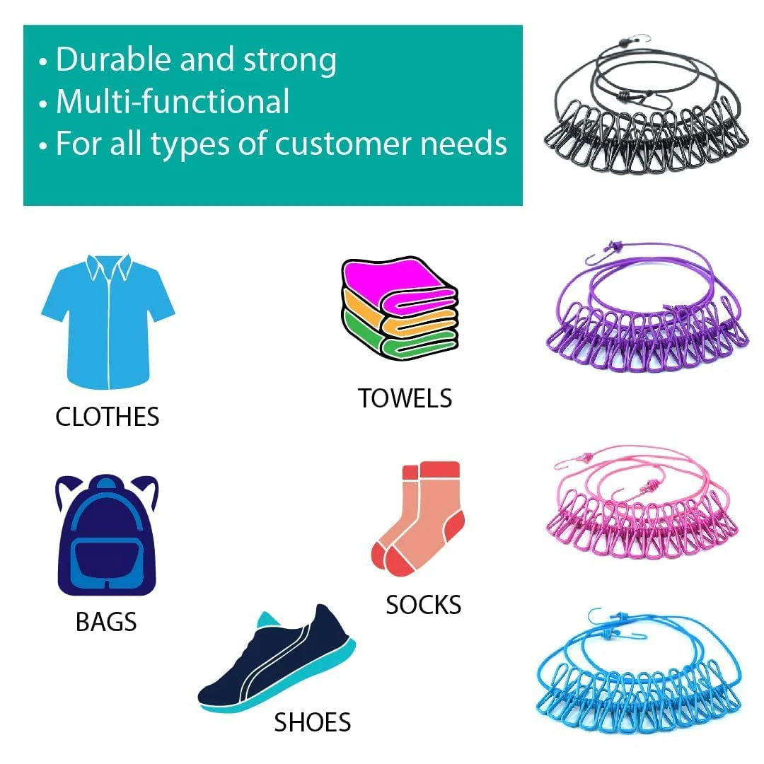 Cloth Drying Rope -with attached hooks & 12 clips