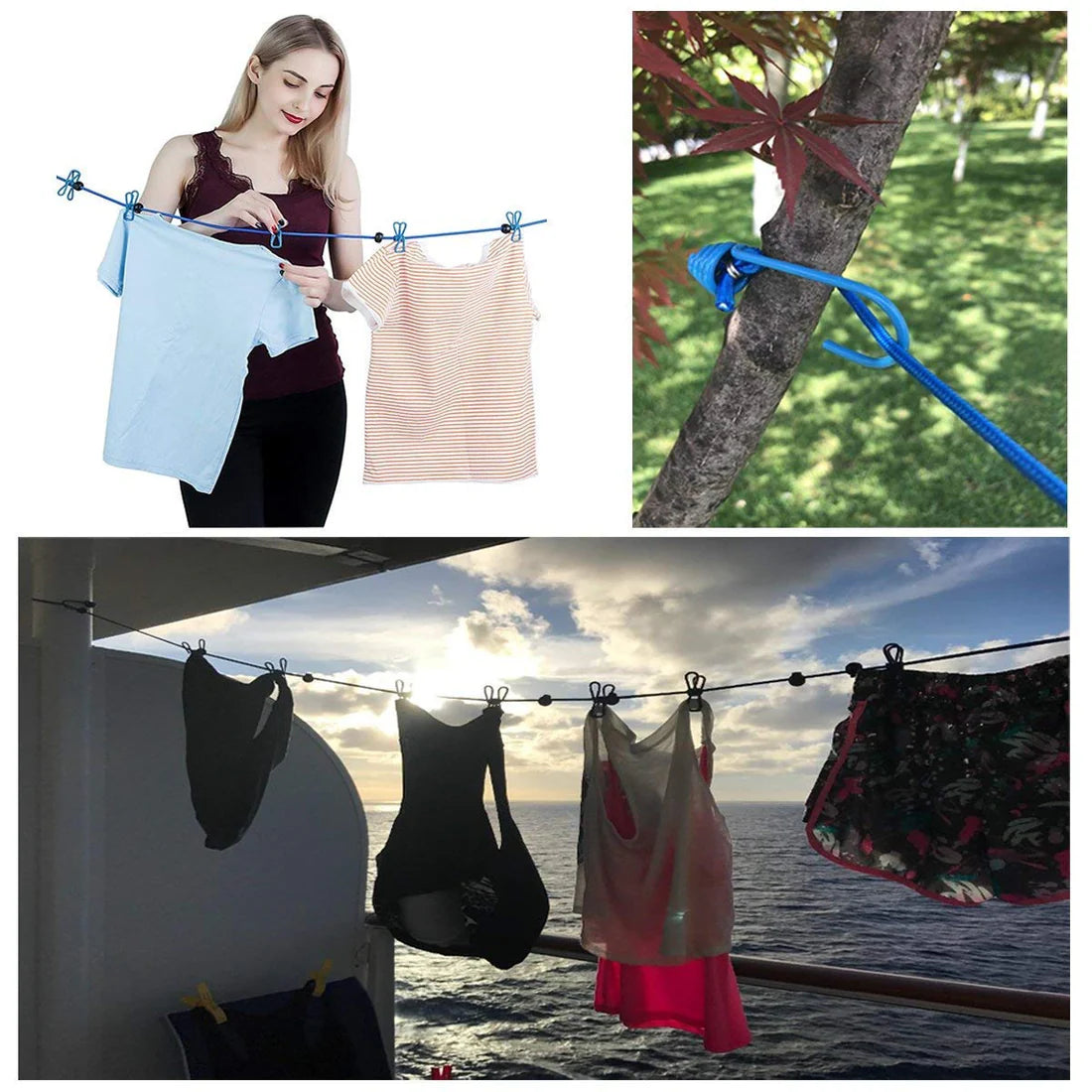 Cloth Drying Rope -with attached hooks & 12 clips