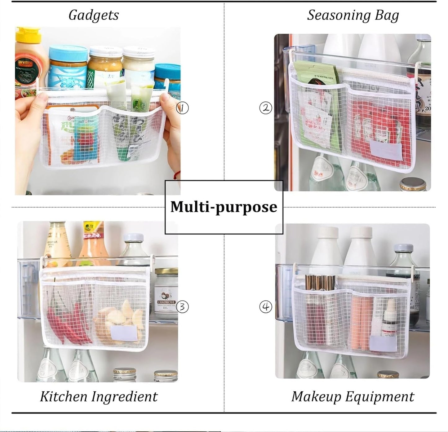 Hanging Mesh Storage Organizer – Multi-Compartment Refrigerator & Kitchen Storage Bag with Hooks; f
