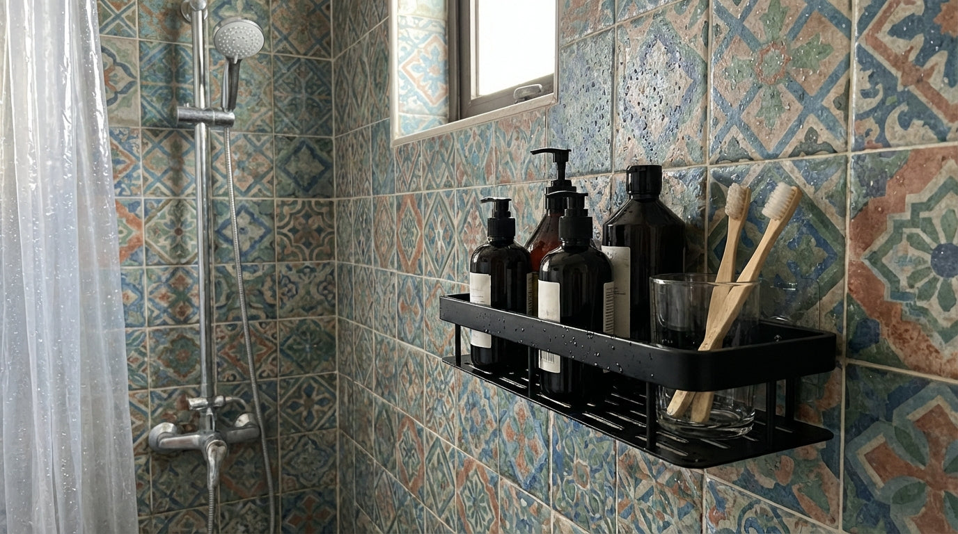 Premium Metal Home & Bathroom Wall Shelf Organiser, Black. -f