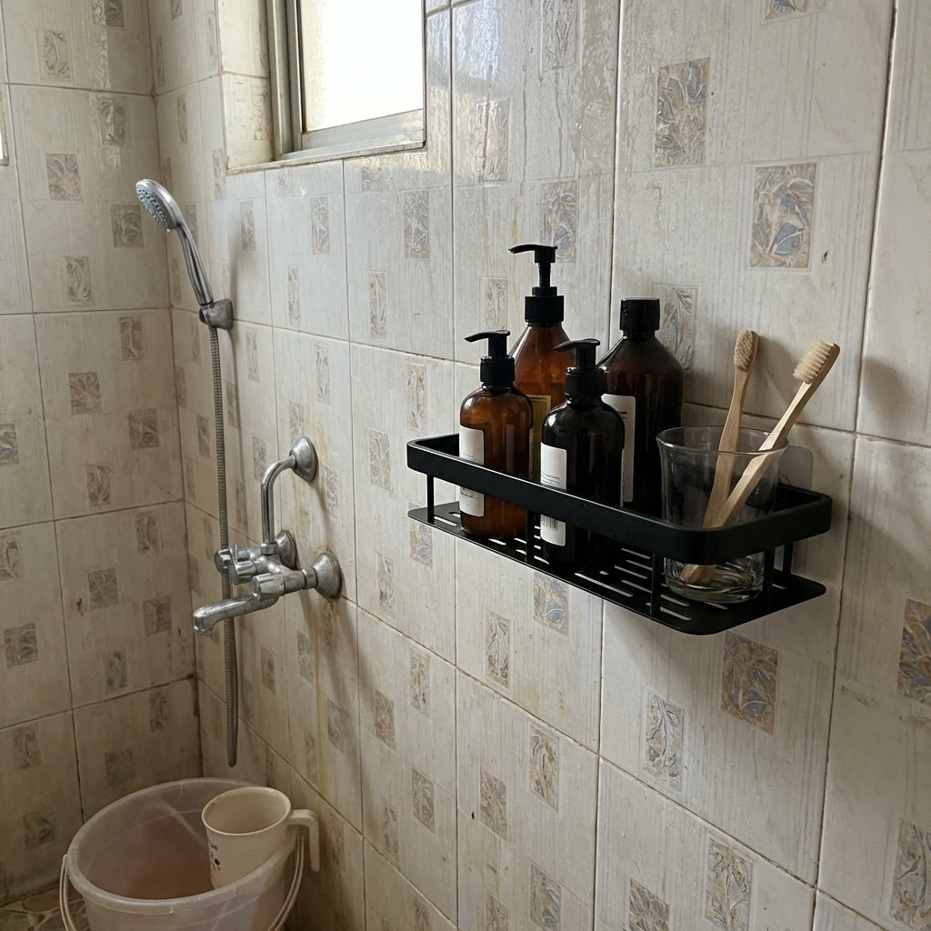 Premium Metal Home & Bathroom Wall Shelf Organiser, Black. -f