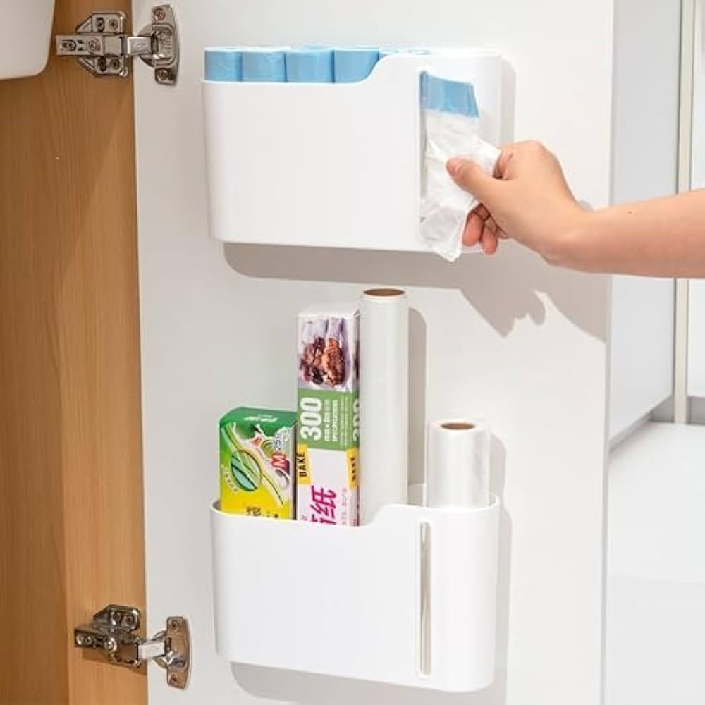 Wall Mounted Garbage Bag Holder & Dispenser | Kitchen Cabinet Trash Bag Organizer :f