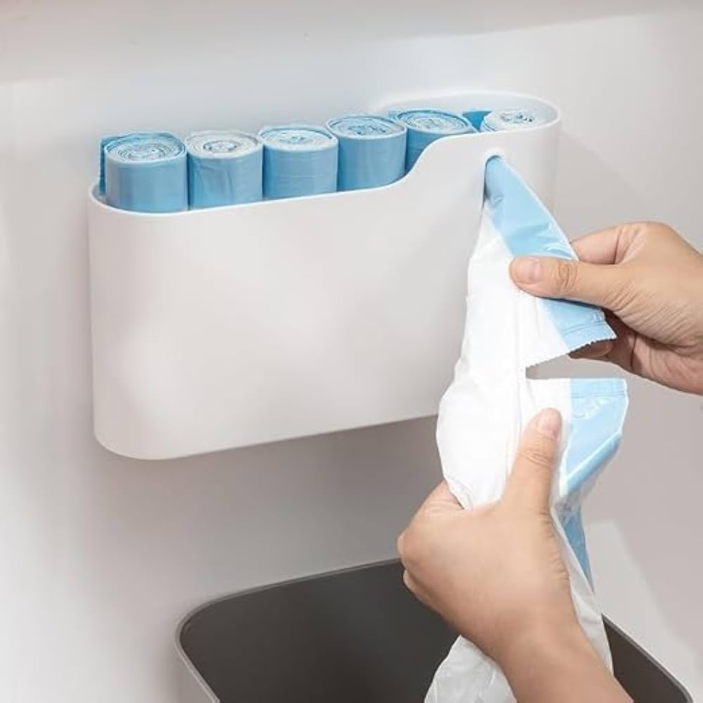 Wall Mounted Garbage Bag Holder & Dispenser | Kitchen Cabinet Trash Bag Organizer :f