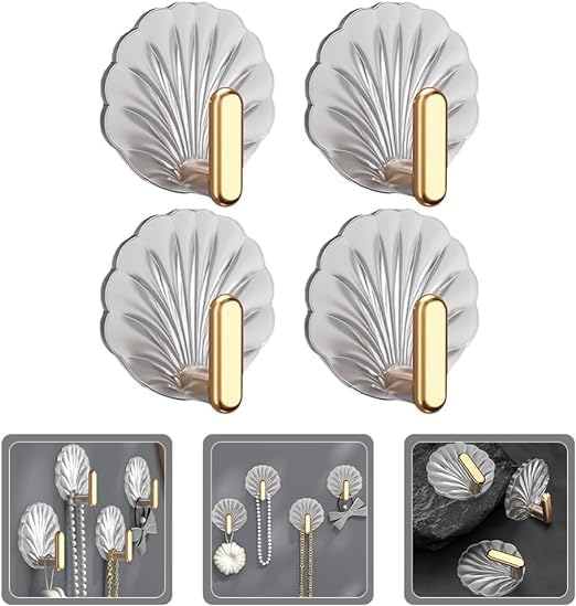 Big Decorative Adhesive Hooks–Gold & Silver Seashell Wall Hangers, No Drilling Needed; g
