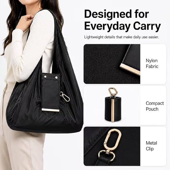 Foldable Reusable Shopping Tote Bag with Keychain Pouch – Lightweight Water-Resistant Grocery Bag :f