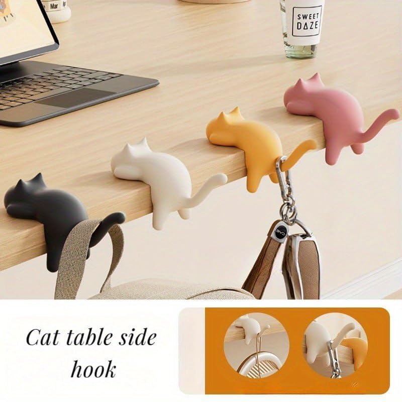 Cute Cat Desk Hook – Self Adhesive Table Side Hanger for Bags, Headphones & Cables; f