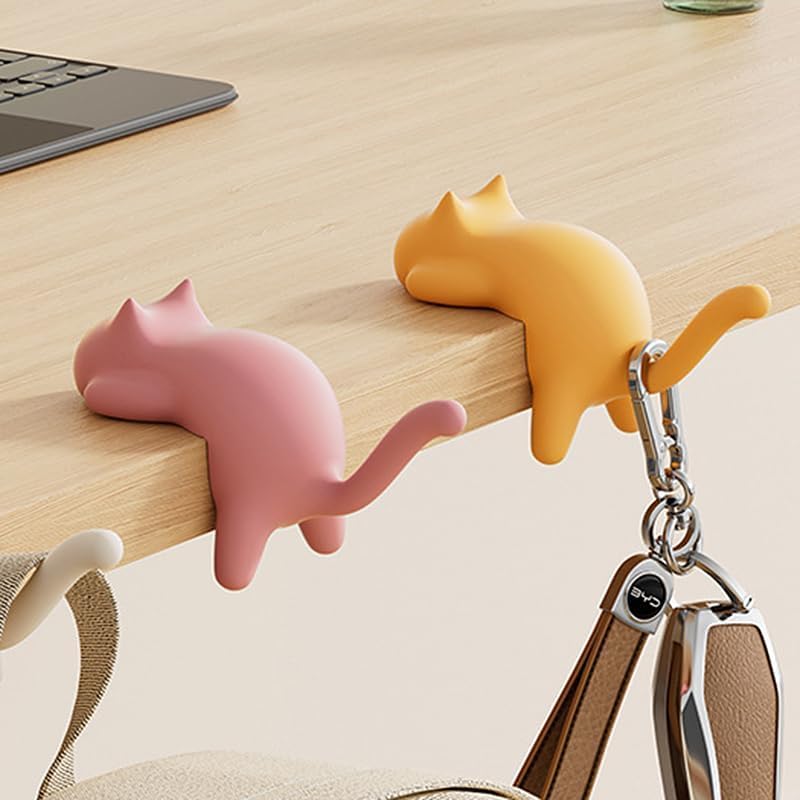 Cute Cat Desk Hook – Self Adhesive Table Side Hanger for Bags, Headphones & Cables; f