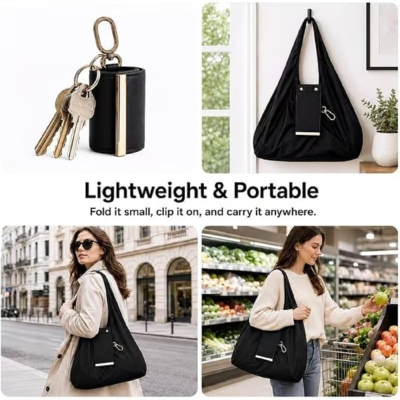 Foldable Reusable Shopping Tote Bag with Keychain Pouch – Lightweight Water-Resistant Grocery Bag :f