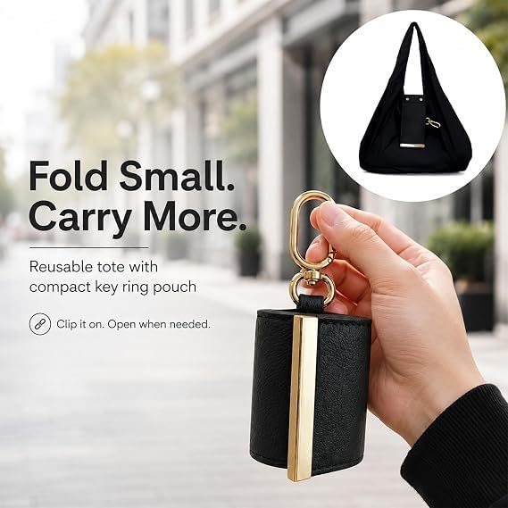 Foldable Reusable Shopping Tote Bag with Keychain Pouch – Lightweight Water-Resistant Grocery Bag :f