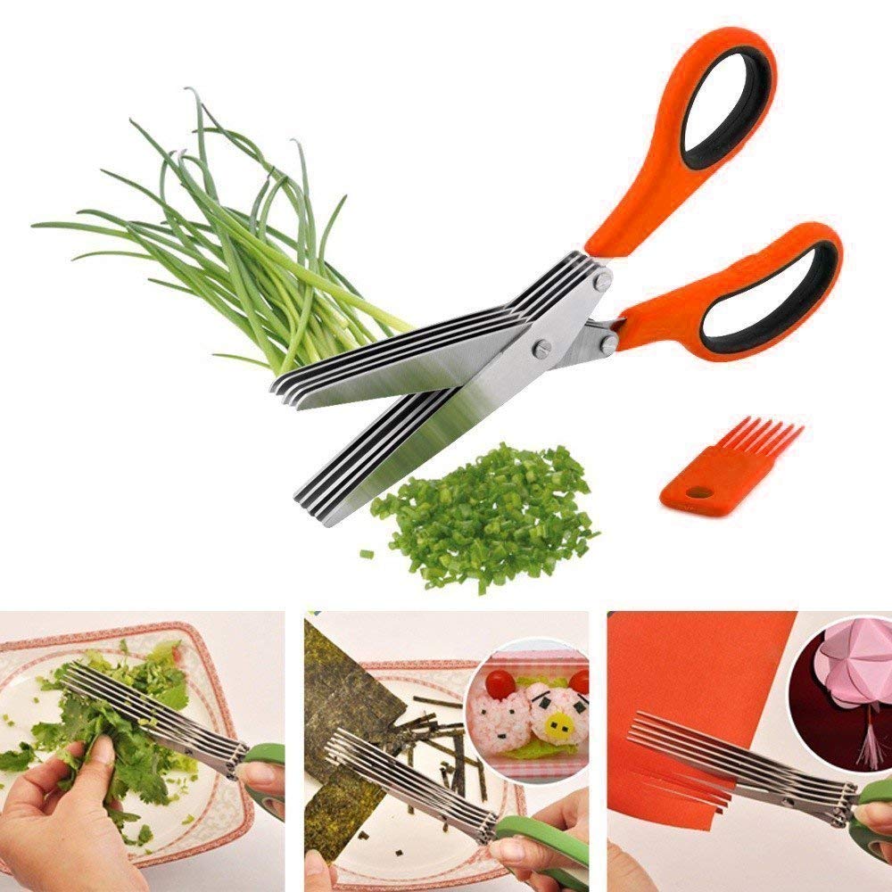 Stainless steel five blade herb scissors and cleaning tool