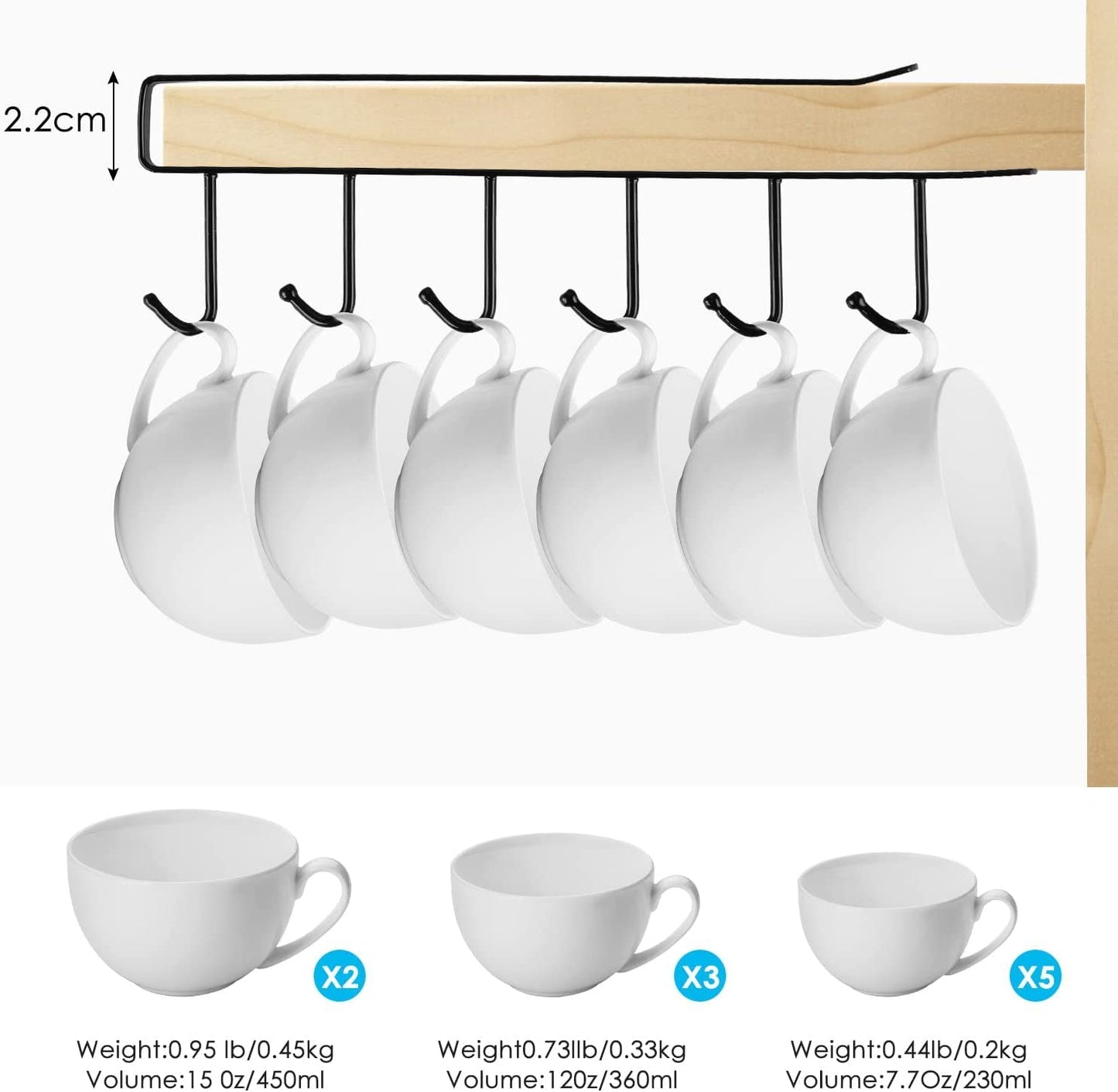 Under-Shelf 6-Hook Mug & Cup Holder Rack (pack of 2)– Space-Saving Kitchen Cabinet Organizer,g