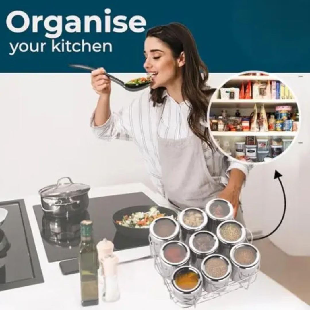 Kitchen Masala Spice Box with Stainless Steel Jars & Rack – Compact Spice Organizer :f
