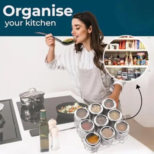 Kitchen Masala Spice Box with Stainless Steel Jars & Rack – Compact Spice Organizer :f