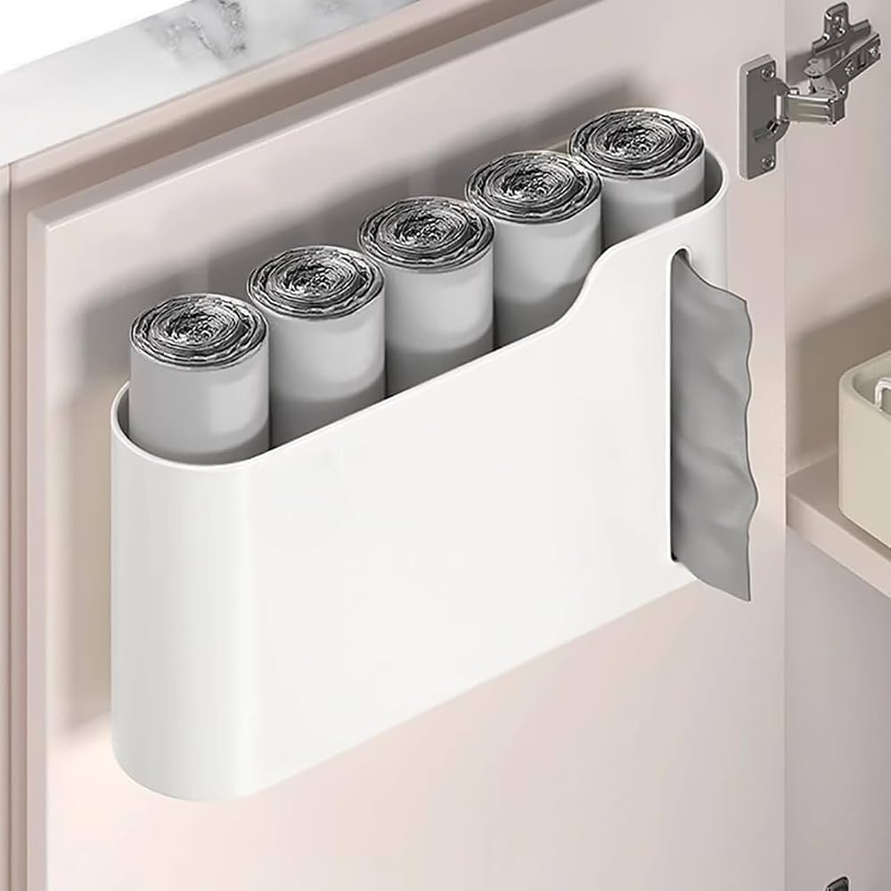 Wall Mounted Garbage Bag Holder & Dispenser | Kitchen Cabinet Trash Bag Organizer :f