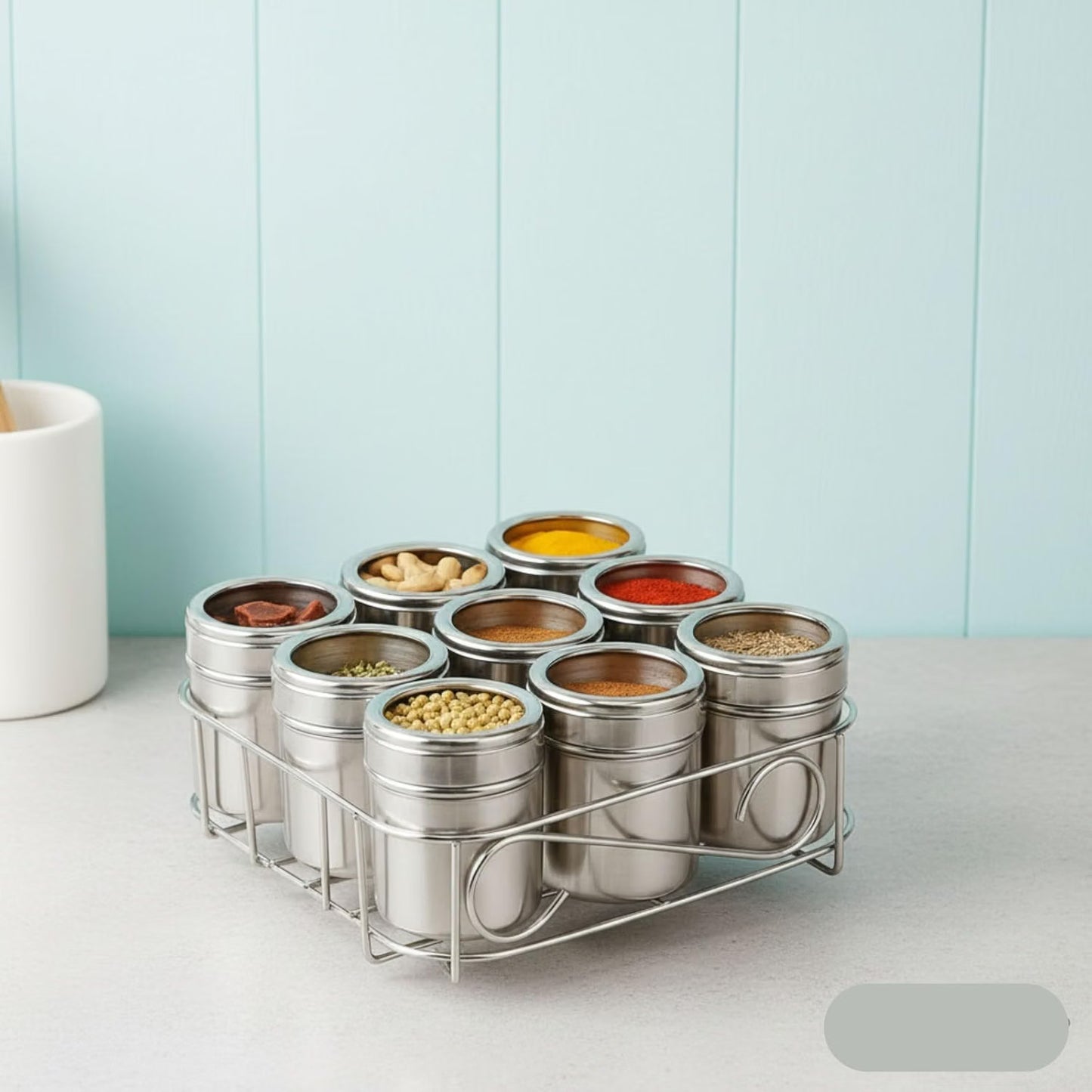 Kitchen Masala Spice Box with Stainless Steel Jars & Rack – Compact Spice Organizer :f