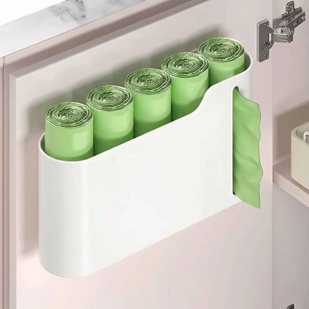 Wall Mounted Garbage Bag Holder & Dispenser | Kitchen Cabinet Trash Bag Organizer :f