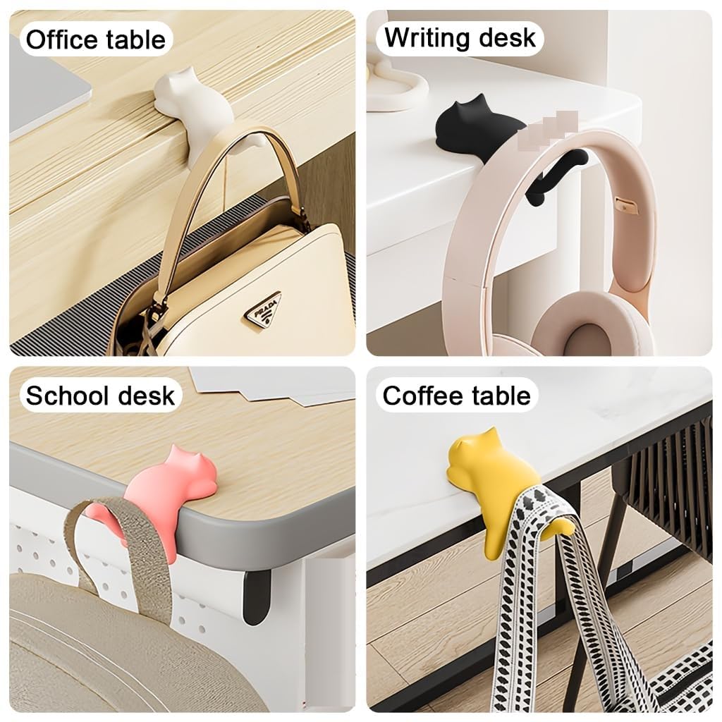 Cute Cat Desk Hook – Self Adhesive Table Side Hanger for Bags, Headphones & Cables; f