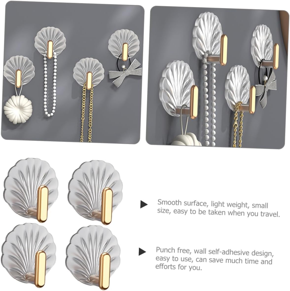 Big Decorative Adhesive Hooks–Gold & Silver Seashell Wall Hangers, No Drilling Needed; g