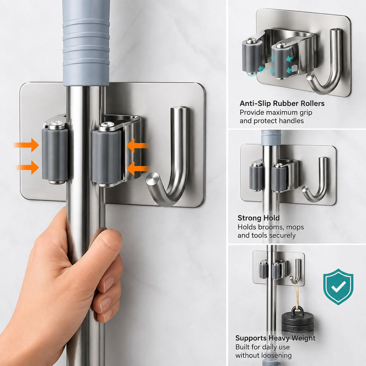 Self-Adhesive Mop and Broom Hanger – Stainless Steel Cleaning Accessories Organizer :f