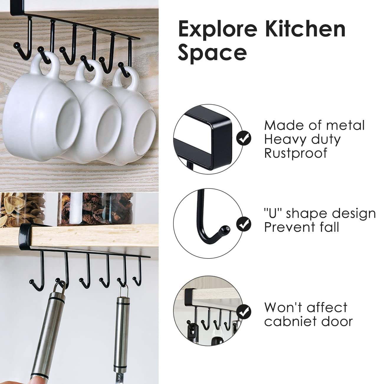 Under-Shelf 6-Hook Mug & Cup Holder Rack (pack of 2)– Space-Saving Kitchen Cabinet Organizer,g