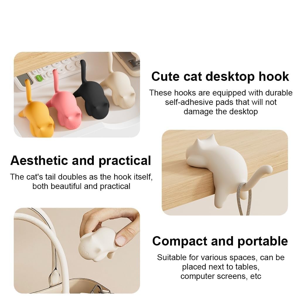 Cute Cat Desk Hook – Self Adhesive Table Side Hanger for Bags, Headphones & Cables; f
