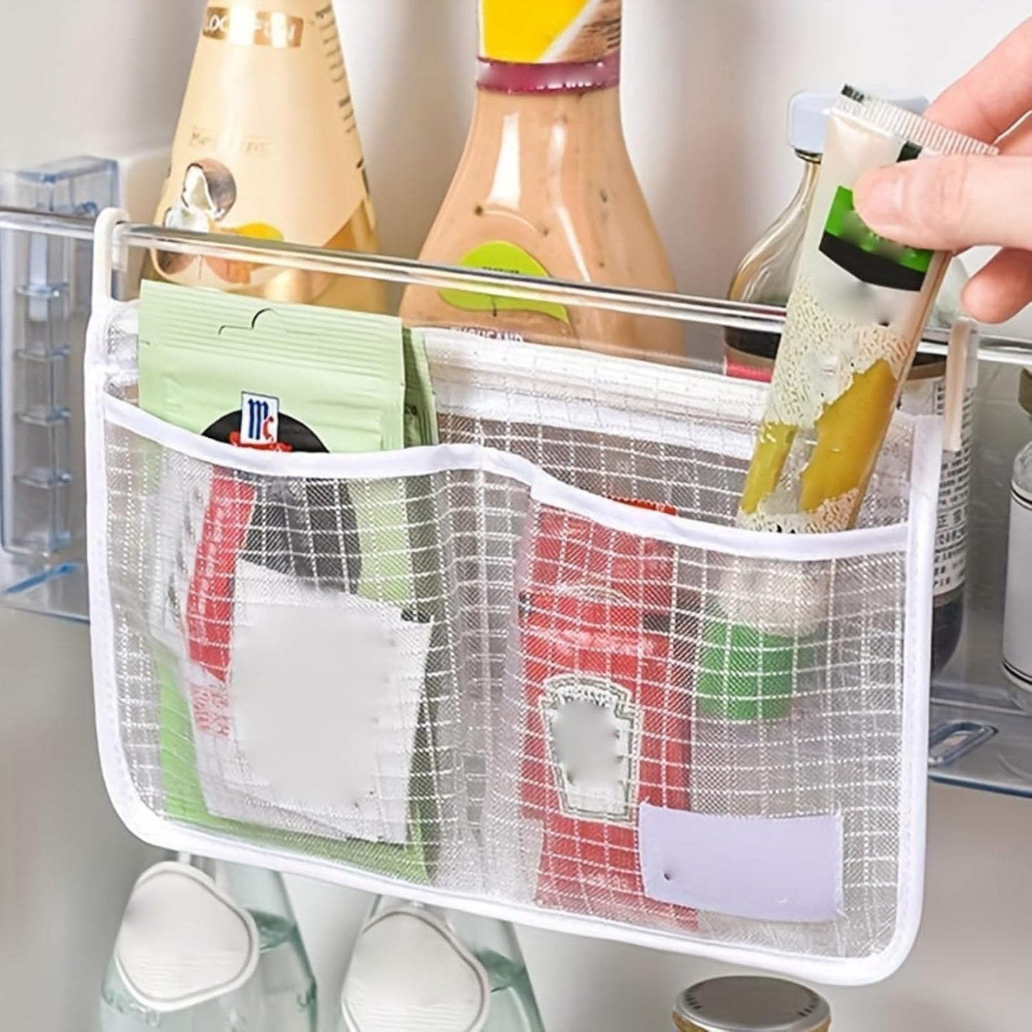 Hanging Mesh Storage Organizer – Multi-Compartment Refrigerator & Kitchen Storage Bag with Hooks; f