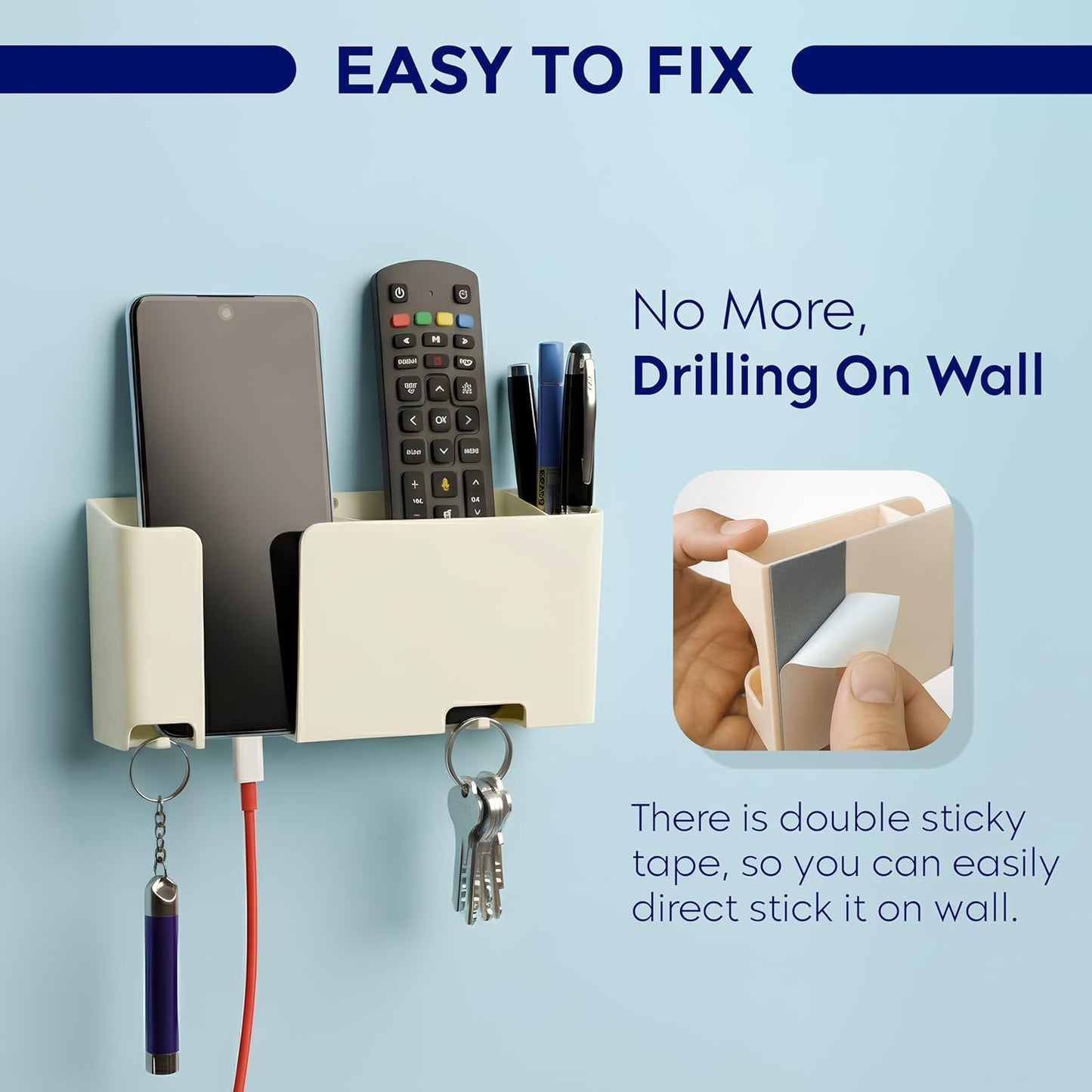 Wall Mounted Mobile Holder with Remote & Key Organizer – Self Adhesive Space Saving Storage Rack: f