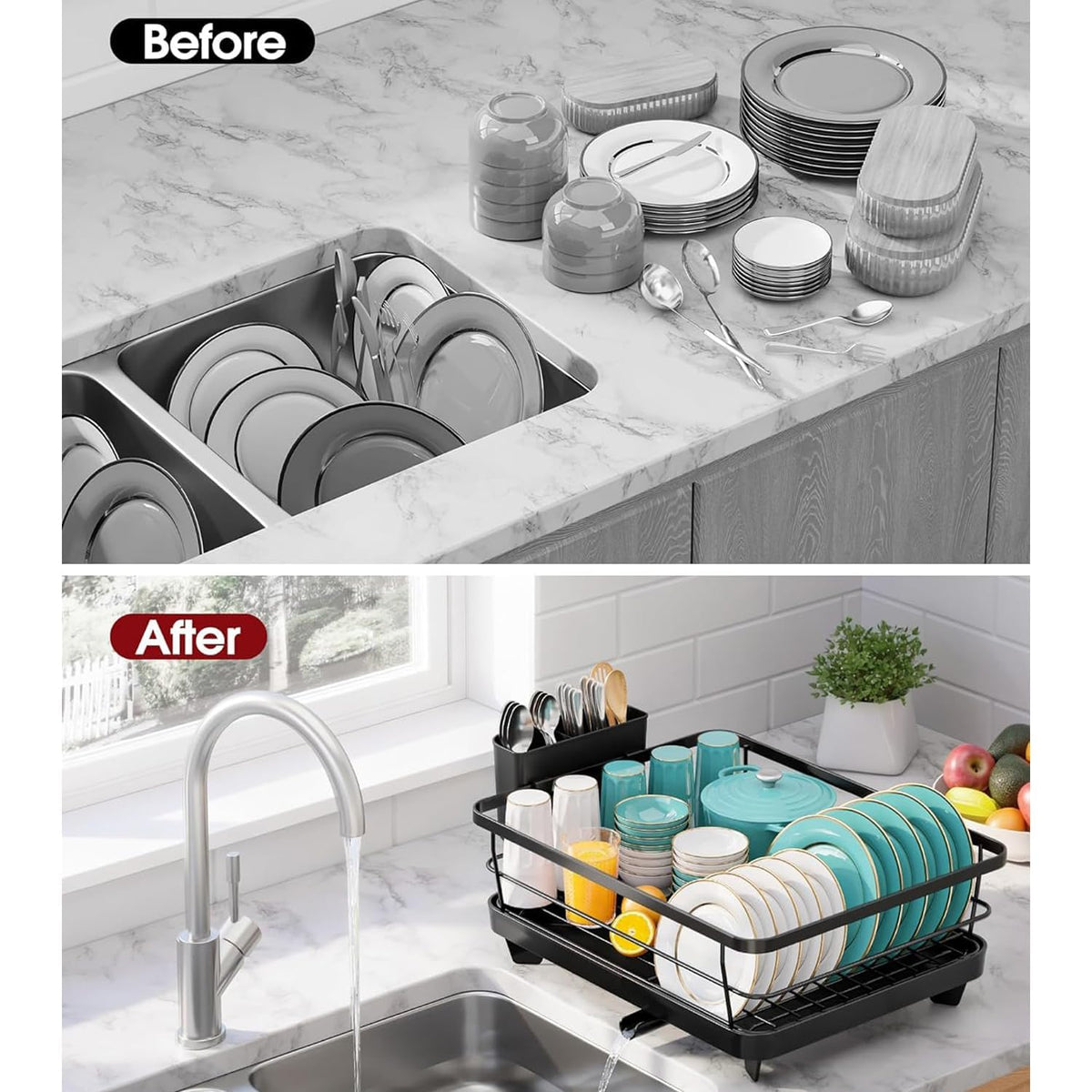 Anti-Rust Dish Drying Rack with Drainboard – Kitchen Utensil & Cutlery Organizer :f