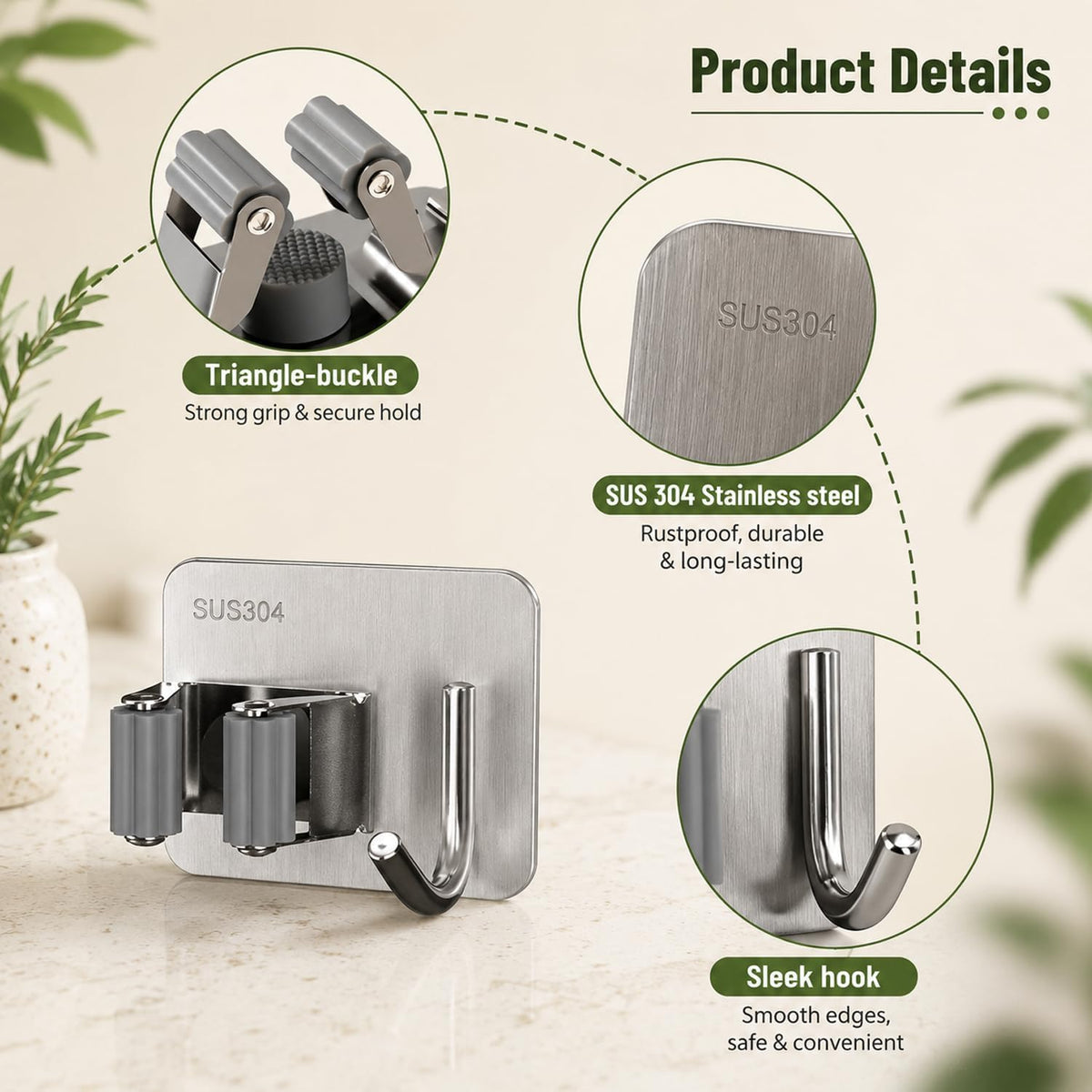 Self-Adhesive Mop and Broom Hanger – Stainless Steel Cleaning Accessories Organizer :f