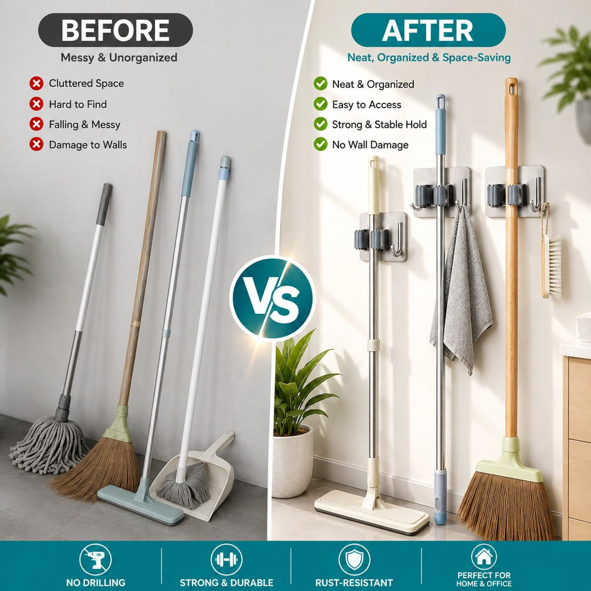 Self-Adhesive Mop and Broom Hanger – Stainless Steel Cleaning Accessories Organizer :f