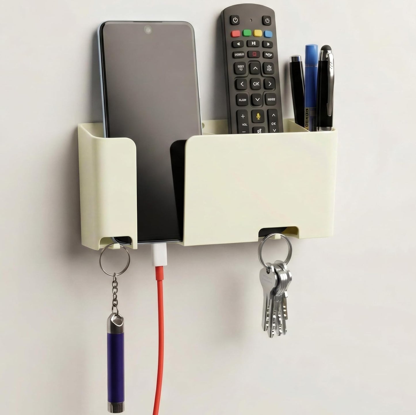Wall Mounted Mobile Holder with Remote & Key Organizer – Self Adhesive Space Saving Storage Rack: f