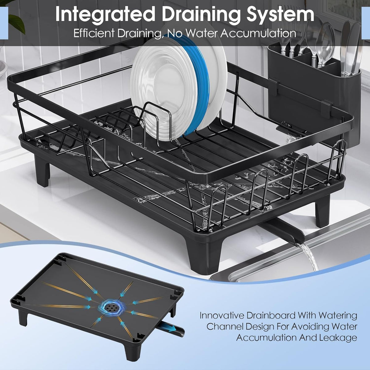 Anti-Rust Dish Drying Rack with Drainboard – Kitchen Utensil & Cutlery Organizer :f