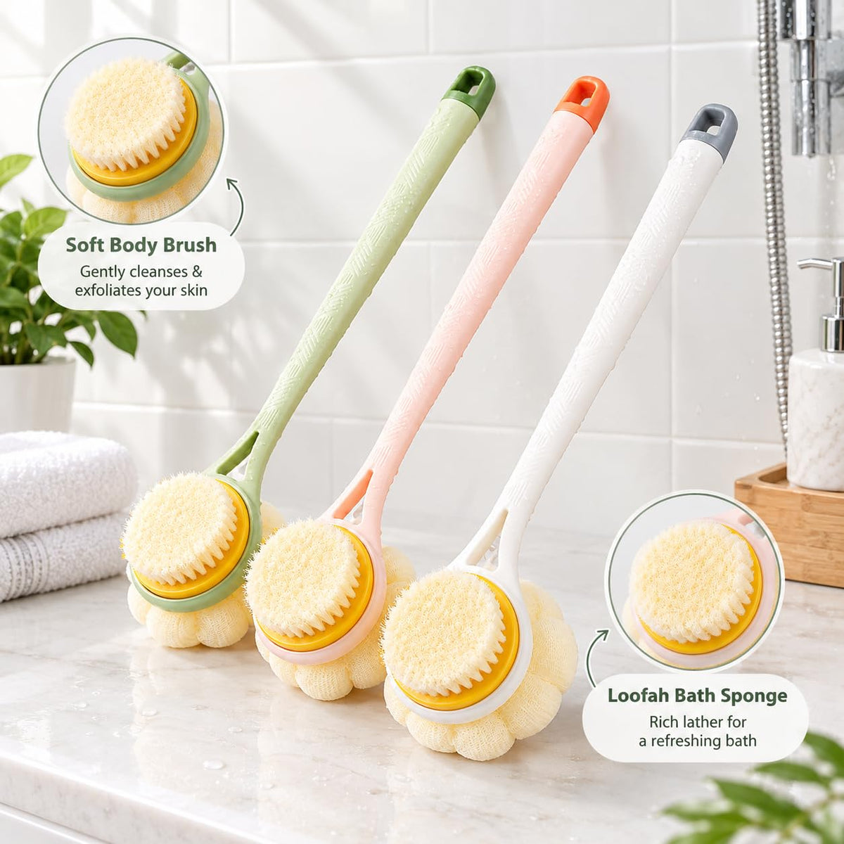 2-in-1 Shower Body Brush with Loofah Sponge for Gentle Exfoliation and Daily Bathing :f