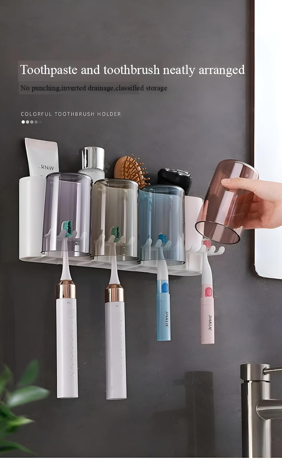 Wall Mounted Toothbrush Holder with 4 Dustproof Cups – Space-Saving Bathroom Organizer: f