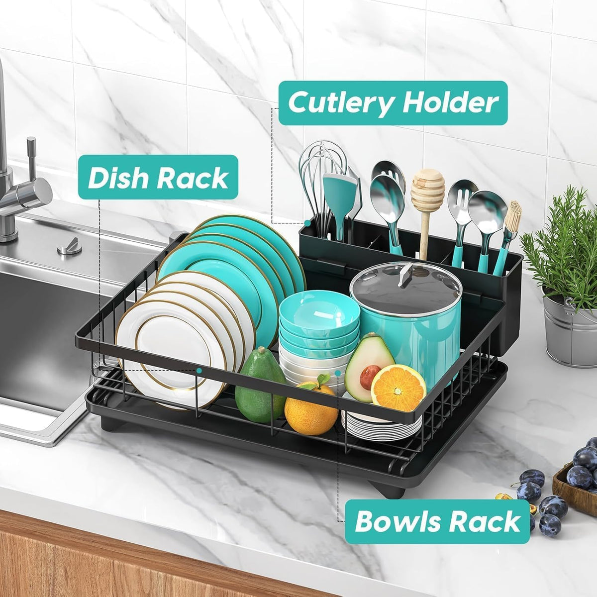 Anti-Rust Dish Drying Rack with Drainboard – Kitchen Utensil & Cutlery Organizer :f