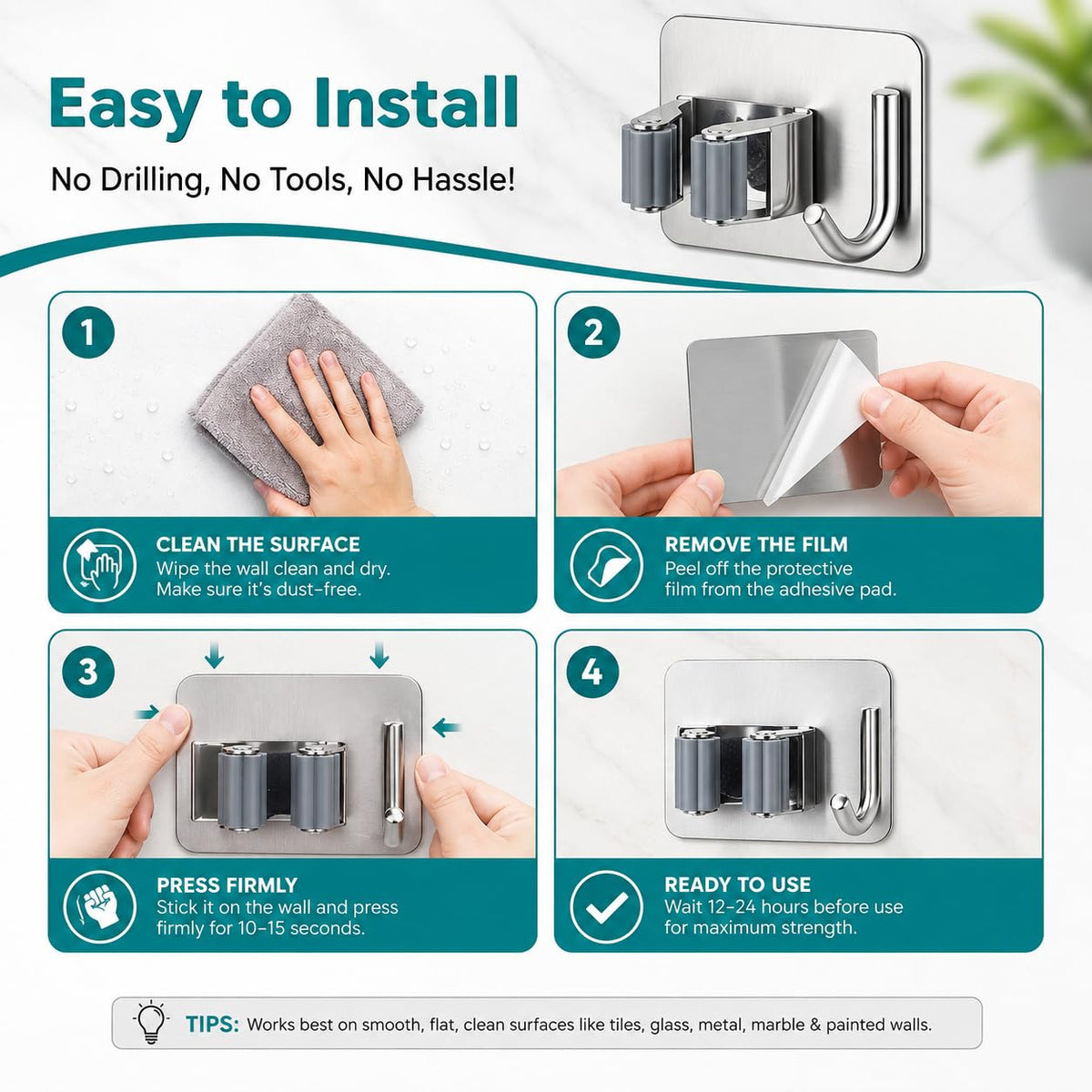 Self-Adhesive Mop and Broom Hanger – Stainless Steel Cleaning Accessories Organizer :f