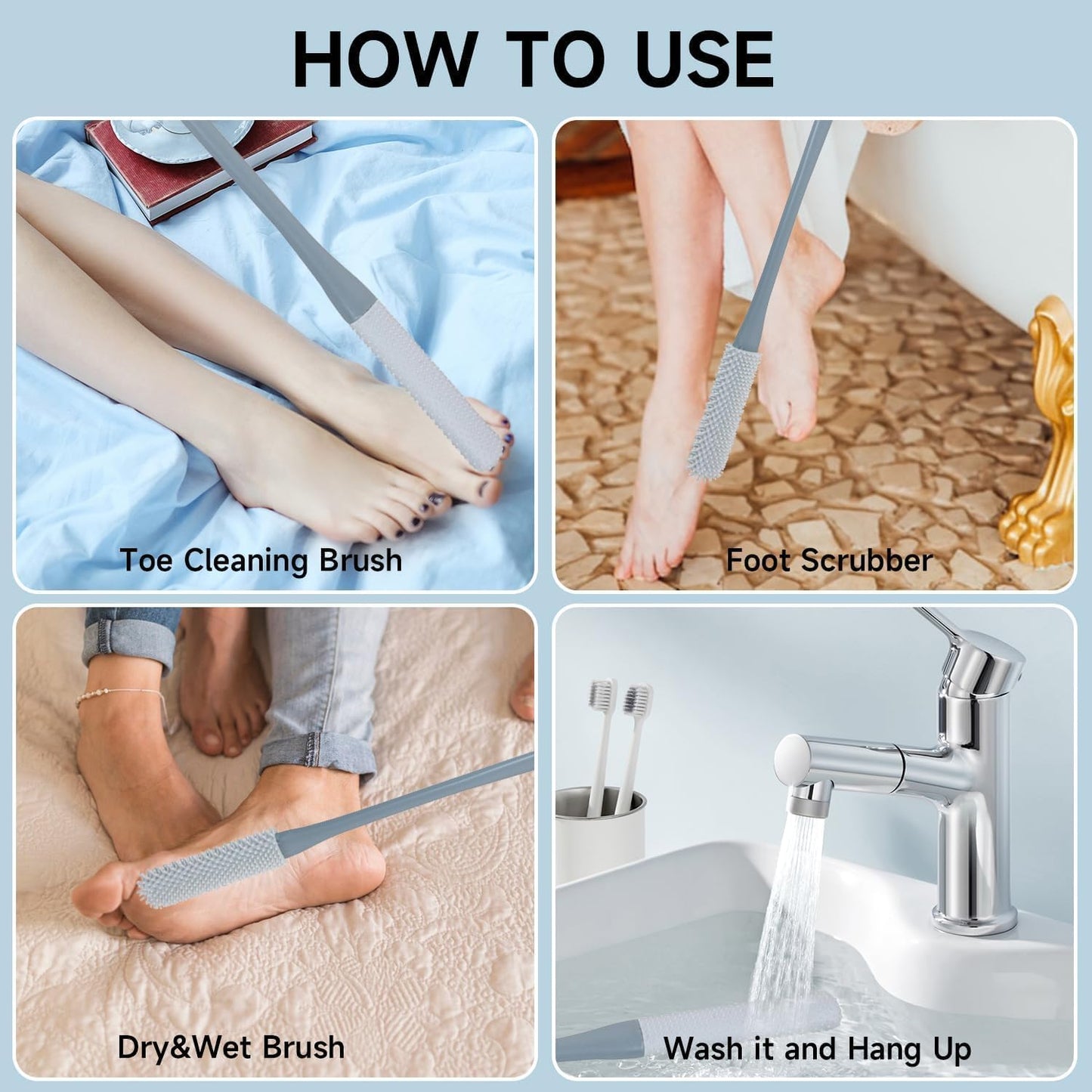 2-in-1 Silicone Foot Cleaning Brush with Long Handle | Foot & Toe Scrubber :f