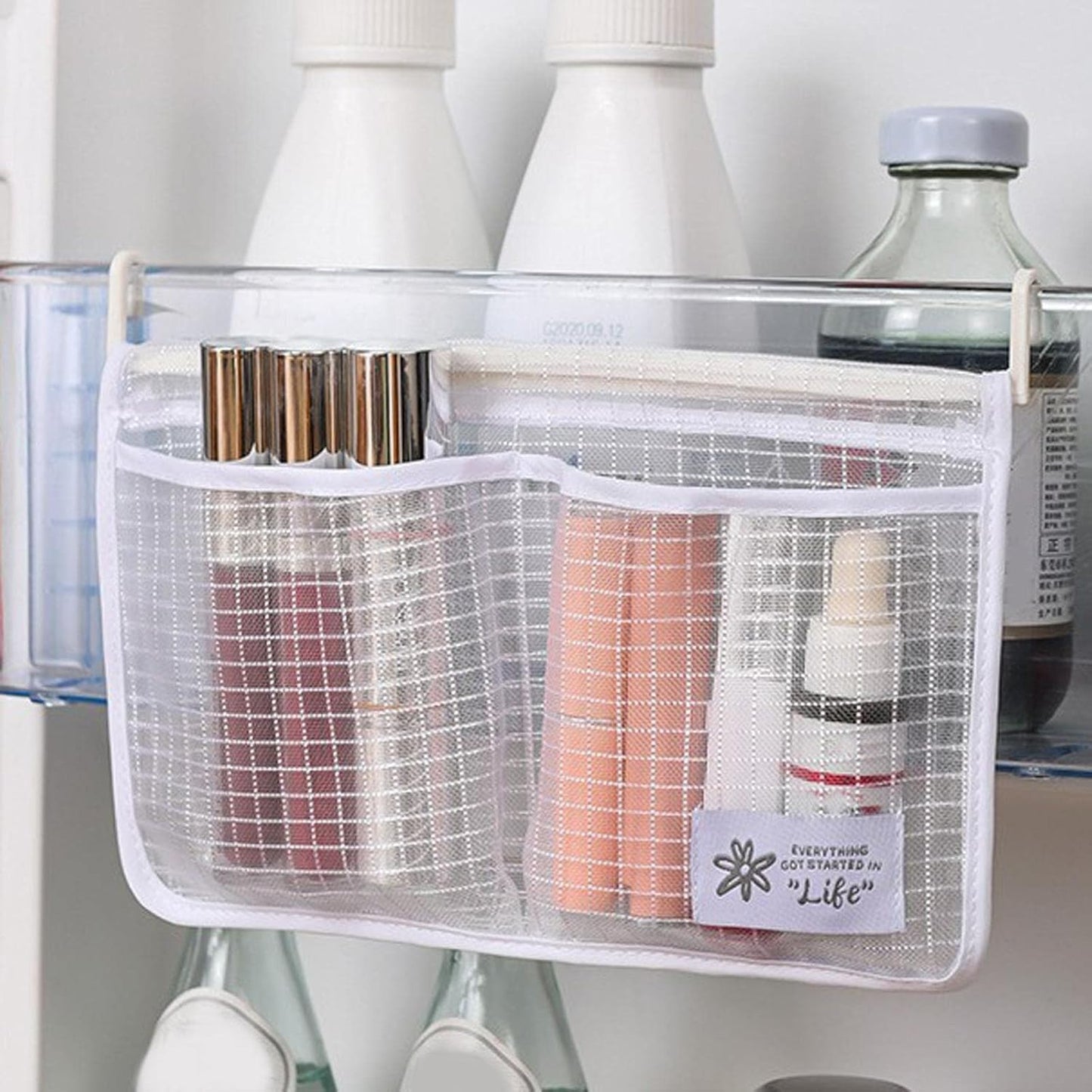 Hanging Mesh Storage Organizer – Multi-Compartment Refrigerator & Kitchen Storage Bag with Hooks; f
