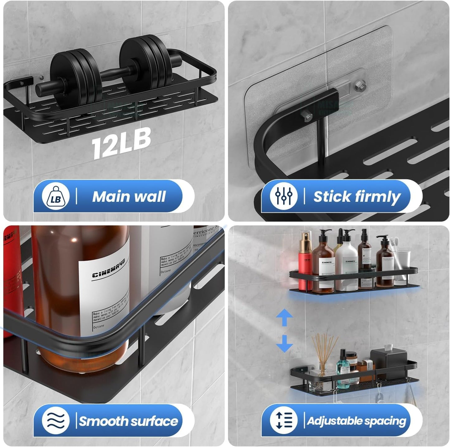 Premium Metal Home & Bathroom Wall Shelf Organiser, Black. -g