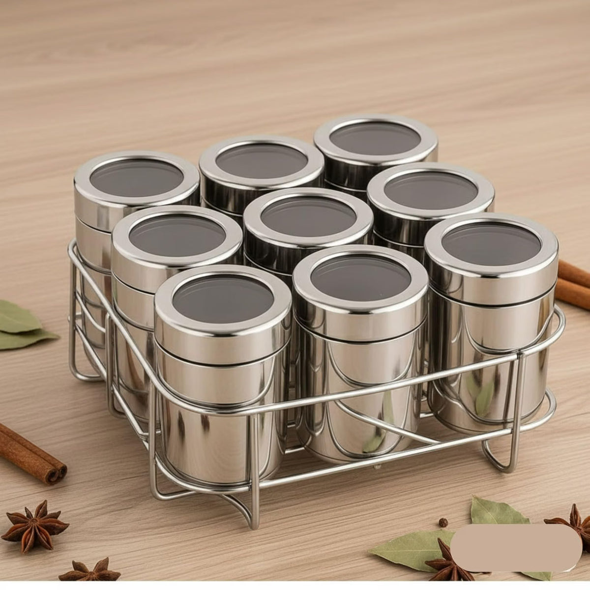 Kitchen Masala Spice Box with Stainless Steel Jars & Rack – Compact Spice Organizer :f