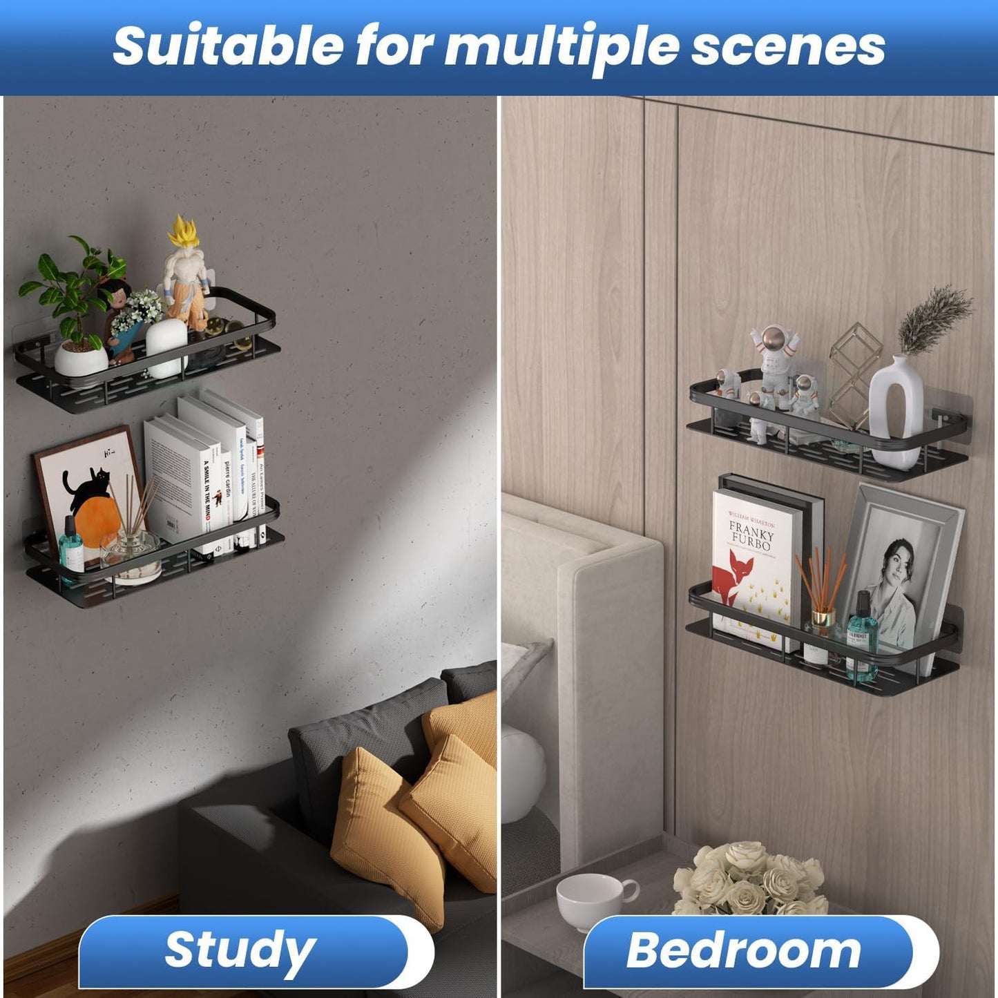 Premium Metal Home & Bathroom Wall Shelf Organiser, Black. -g