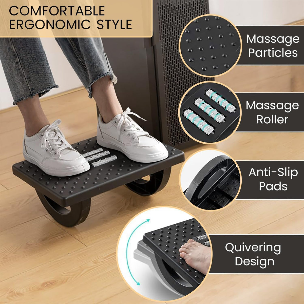 Acupressure Under Desk Foot Rest | Ergonomic Foot Rocker with Massage Rollers for Home & Office :f