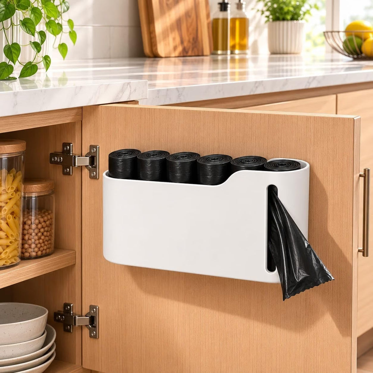 Wall Mounted Garbage Bag Holder & Dispenser | Kitchen Cabinet Trash Bag Organizer :f