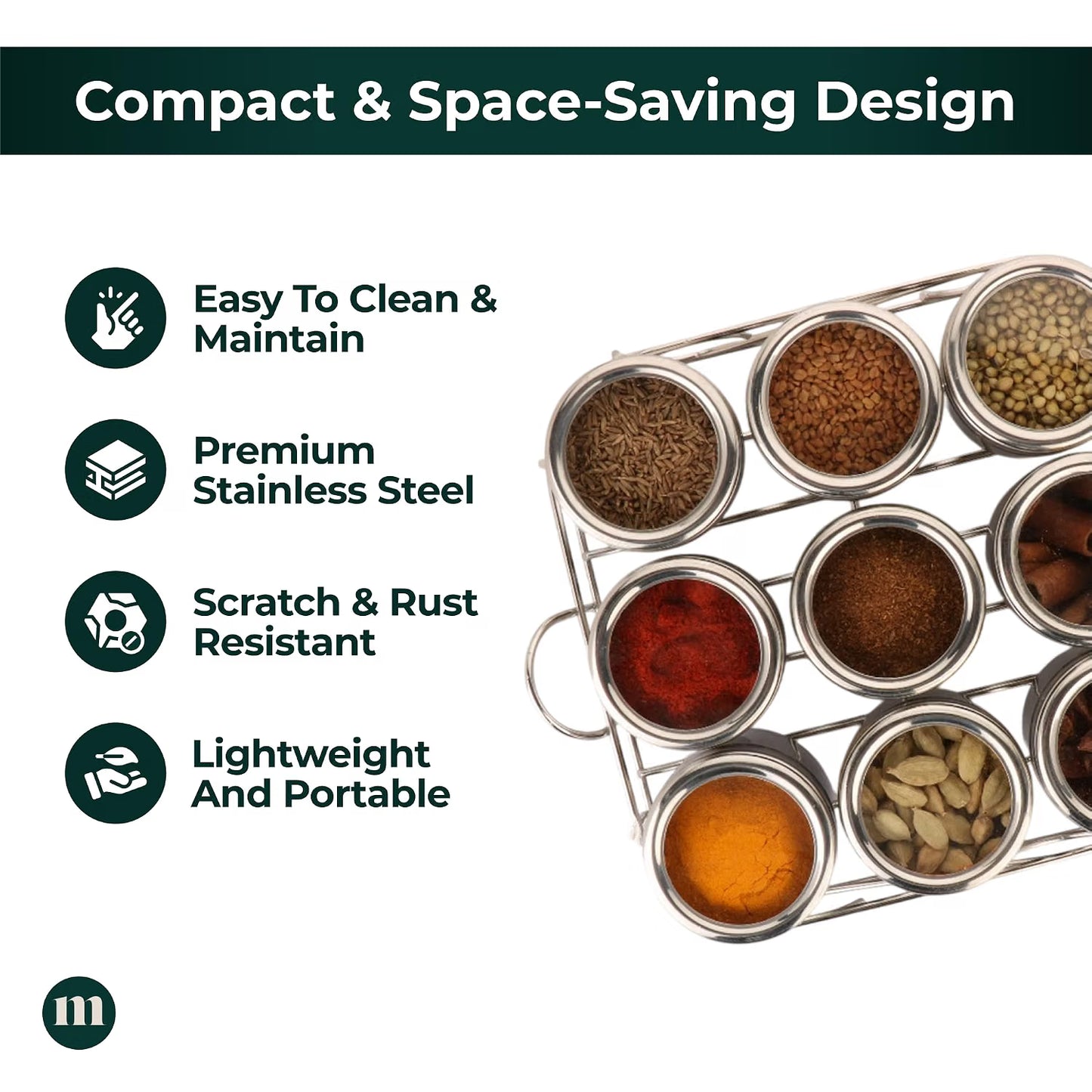 Kitchen Masala Spice Box with Stainless Steel Jars & Rack – Compact Spice Organizer :f