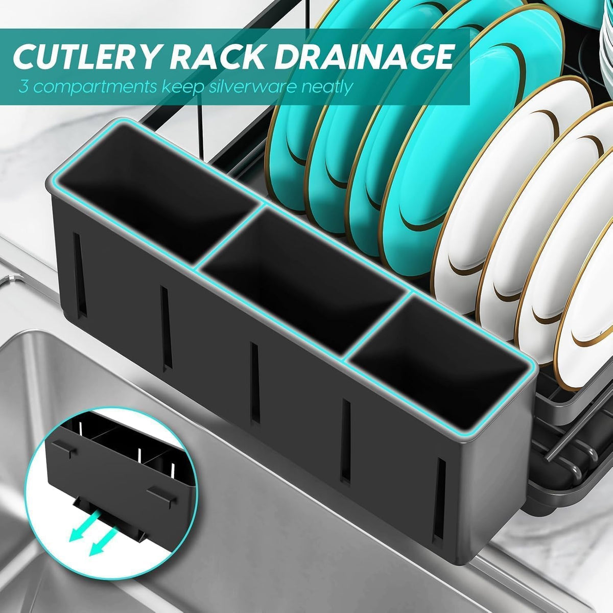 Anti-Rust Dish Drying Rack with Drainboard – Kitchen Utensil & Cutlery Organizer :f