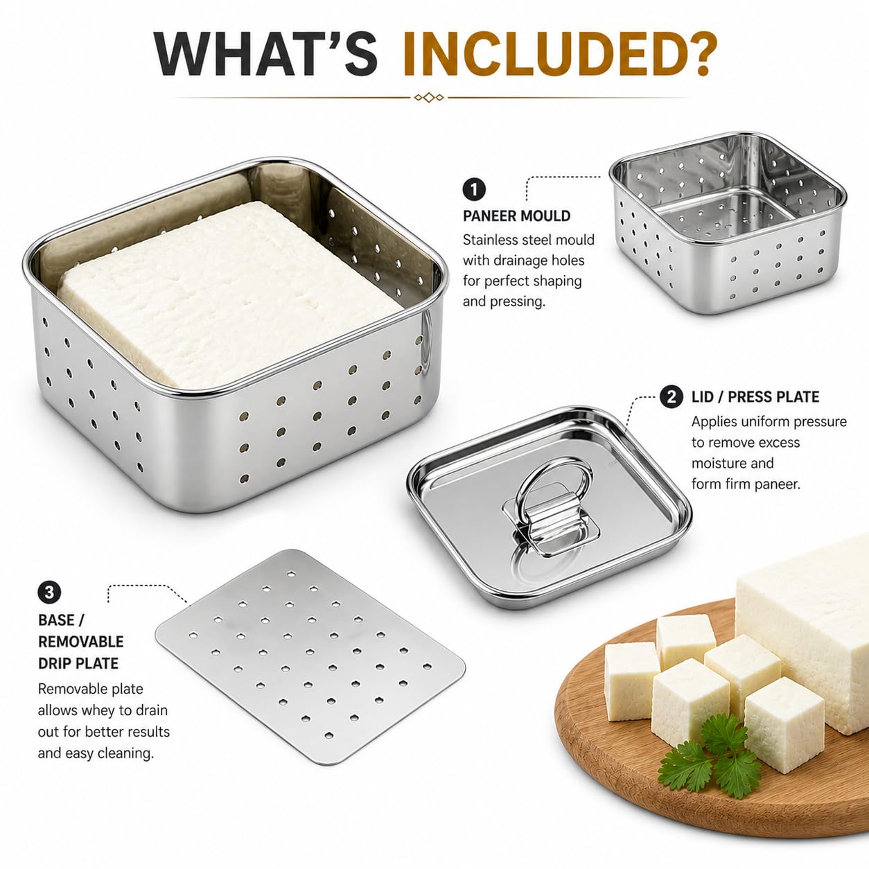 Homemade Paneer Maker Kit – Stainless Steel Press Mould for Fresh Paneer, Tofu & Cheese: f